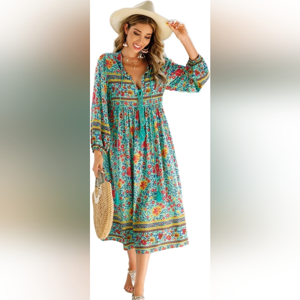 Floral Long Sleeve Maxi Dress - Blue